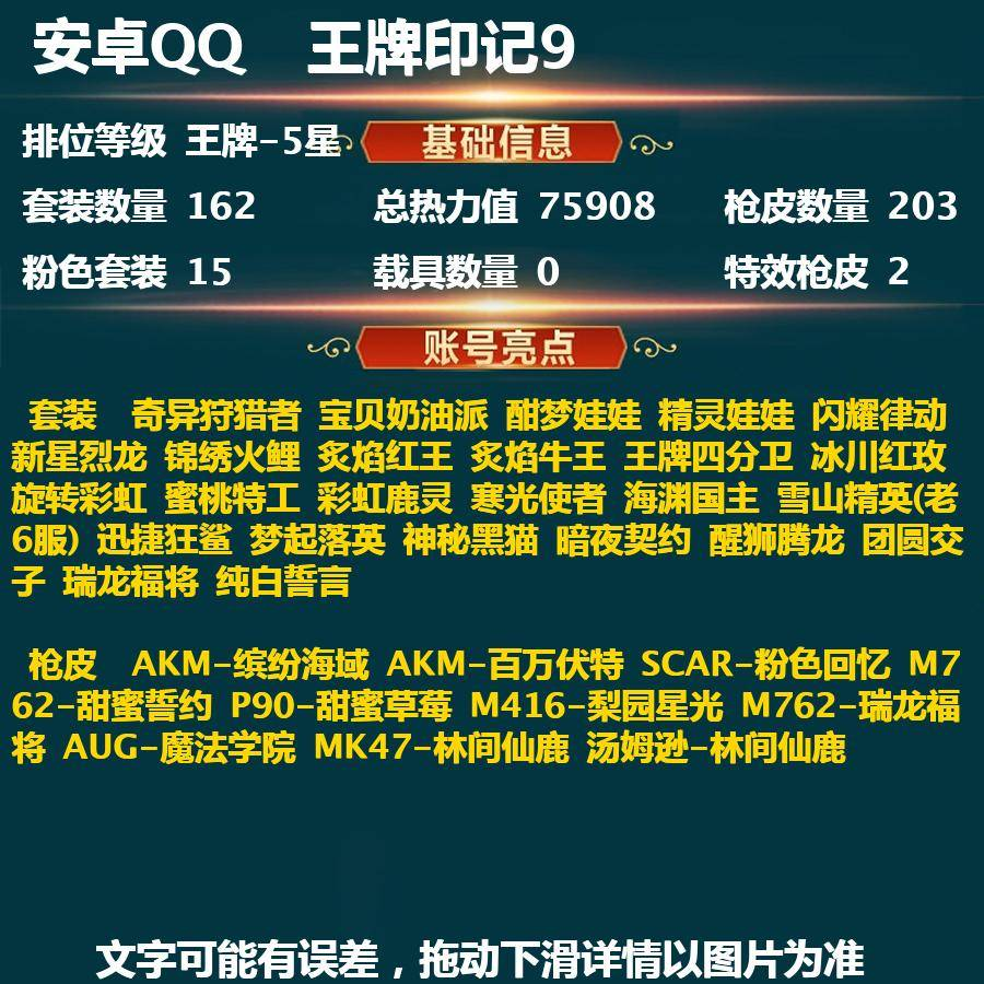 和平精英账号安卓QQPX_1007795-【安卓QQ】162套装-203枪皮-0载具   【有二次实名资格】3019 安卓Q-超级王牌-5星-75908热力值 9王牌印记 162套装 203枪皮 【4稀有】 奇